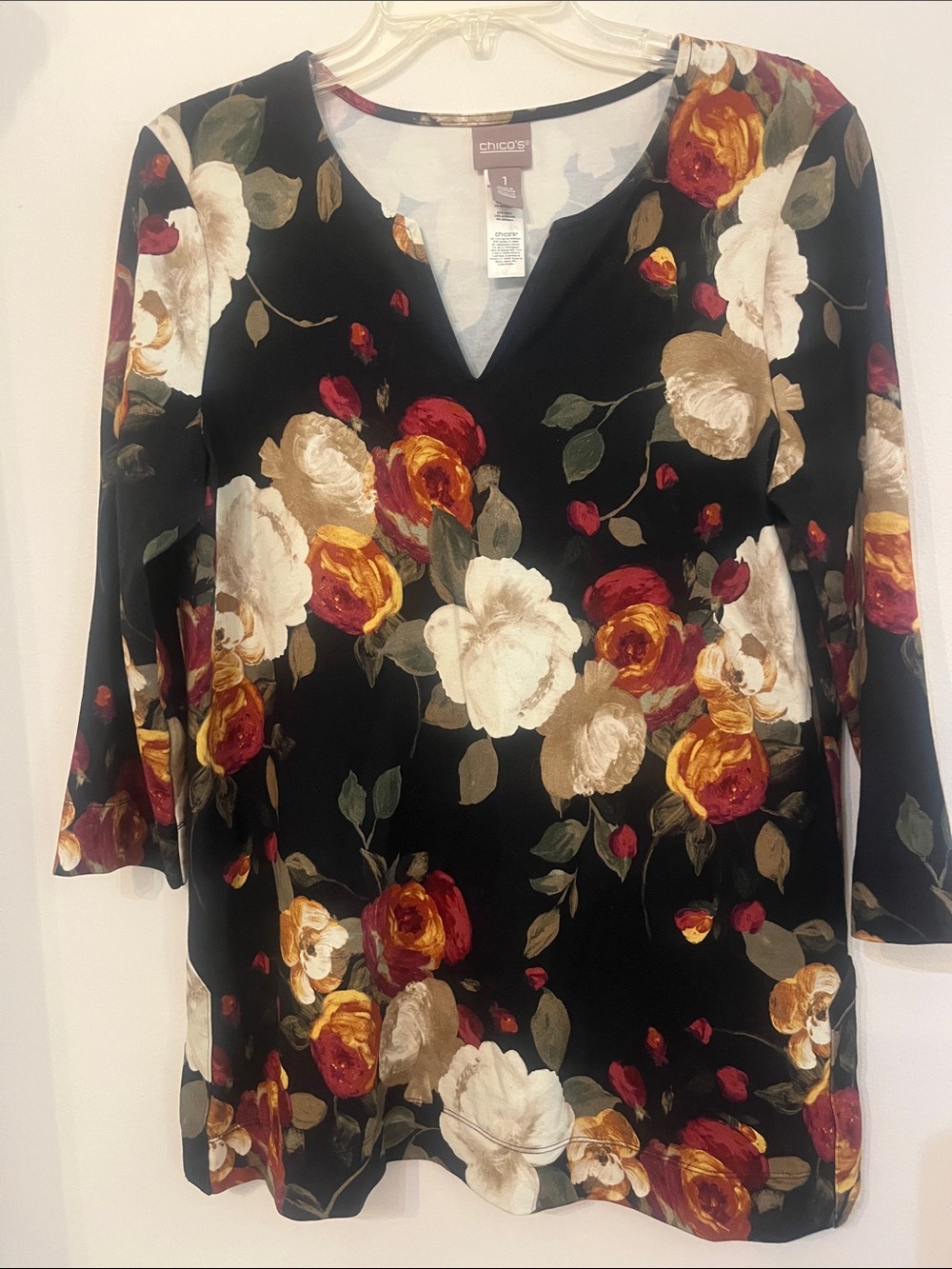 Chico's Black Floral Split-Neck 3/4 Sleeve Tunic Size 1 (medium)
